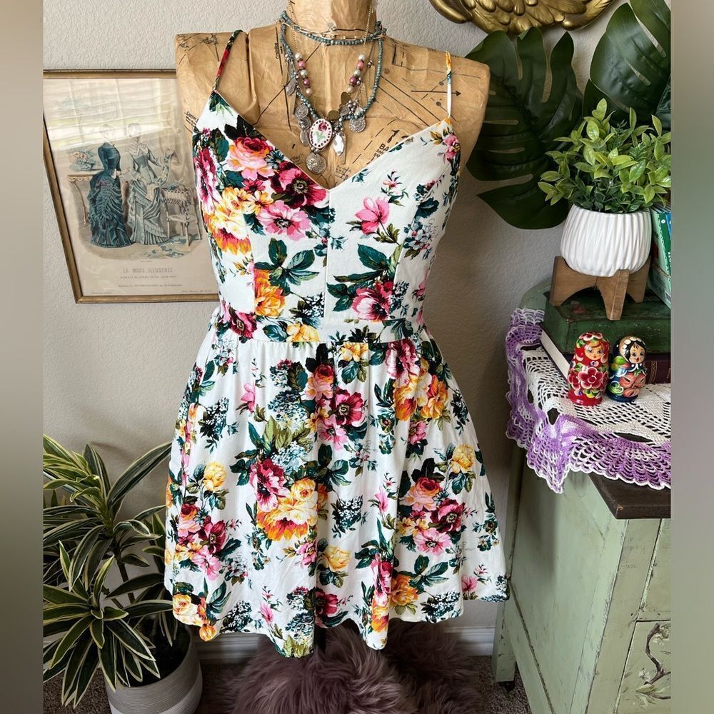 Emerald Sundae Pink Maroon Yellow Linen Blend Fit & Flare Dress‎ Sz 7 Feminine